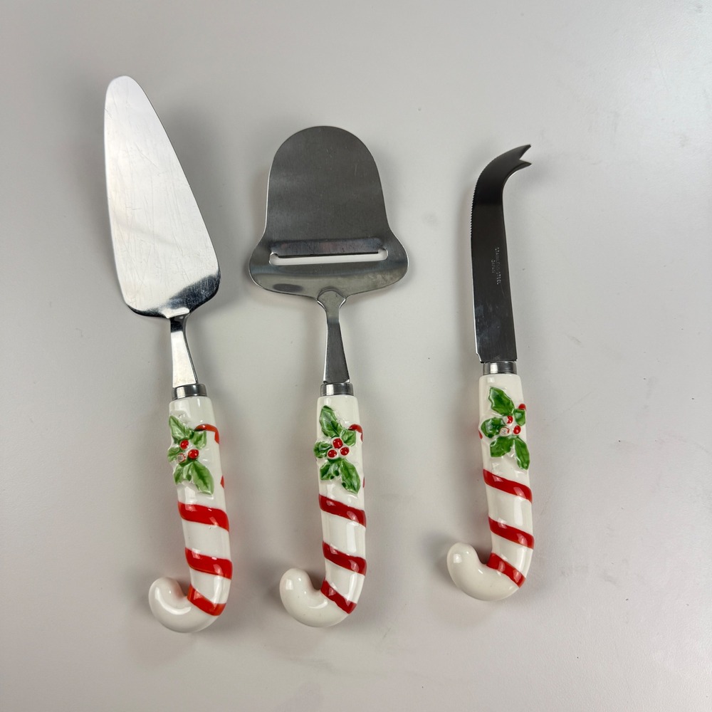 Stainless Steel Japan Cheese Serving Set White Red Candy Cane Holiday Party